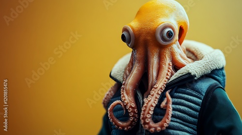 Isolated against a vibrant backdrop is a velvety octopus wearing a cozy fleece vest