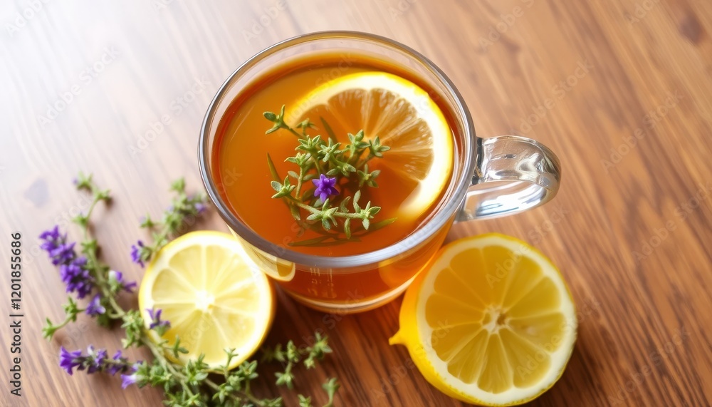 Refreshing Herbal Lemon Tea in a Glass Cup Refreshing Herbal Lemon Tea in a Glass Cup