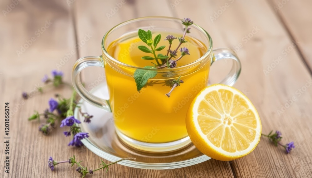 Refreshing Herbal Lemon Tea in a Glass Cup Refreshing Herbal Lemon Tea in a Glass Cup