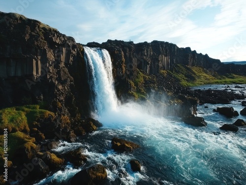 Majestic Waterfall Cascading Down Rocky Cliffs into a Turquoise River on a Bright Day