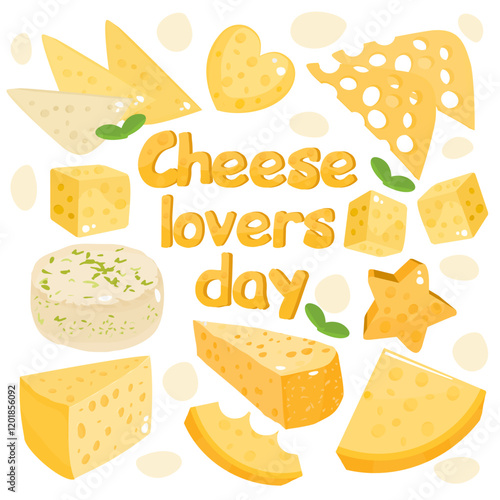 Cheese lovers day. Cheese holiday. Cheese set. Vector clipart