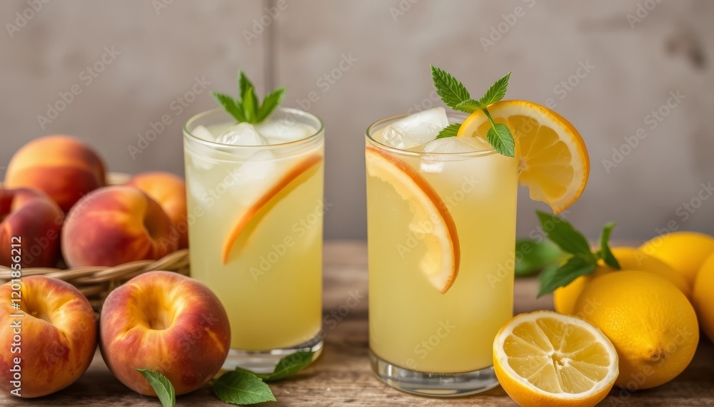 Refreshing Peach and Lemon Iced Drink on a Wooden Table Refreshing Peach and Lemon Iced Drink on a Wooden Table