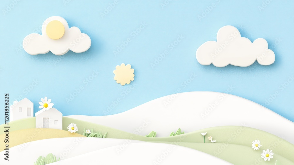 Paper art house on hill serene landscape of simplicity and tranquility in nature