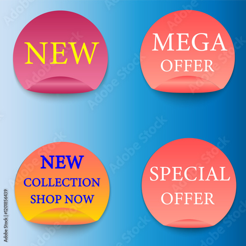 Discount sale round labels vector template. Mega offer, new, new collection shop now, big sale, flash sale, hot sale background. Discount Promotion marketing poster design for web and Social.