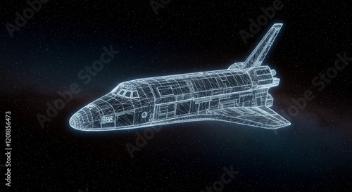 Fototapeta Naklejka Na Ścianę i Meble -  Space travel innovation. Futuristic wireframe spacecraft concept with galactic backdrop, symbolizing advancements in space exploration, cutting-edge technology, and interstellar travel