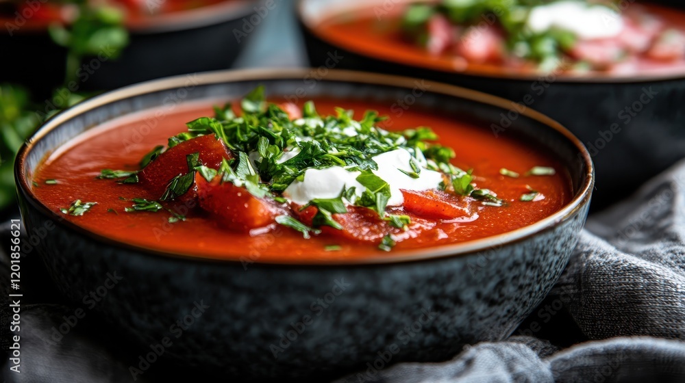 A deep bowl of vibrant red soup topped with a dollop of cream and garnished with freshly chopped parsley, creating a vibrant and appetizing presentation. A deep bowl of vibrant red soup topped with a dollop of cream and garnished with freshly chopped parsley, creating a vibrant and appetizing presentation.