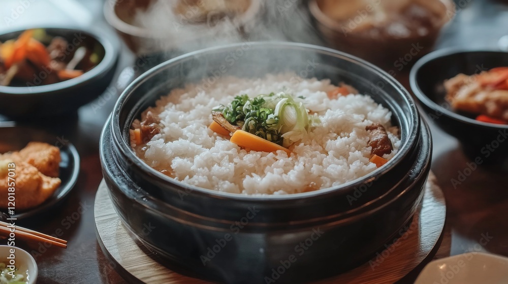 Fototapeta premium A close-up of a steaming bowl of fluffy, white rice with wisps of steam rising, set on a traditional dining table with chopsticks and side dishes.