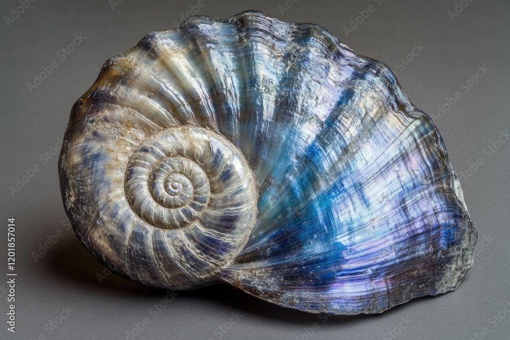 A mesmerizing iridescent ammonite fossil, showcasing its intricate spiral and vibrant blue hues. A mesmerizing iridescent ammonite fossil, showcasing its intricate spiral and vibrant blue hues.