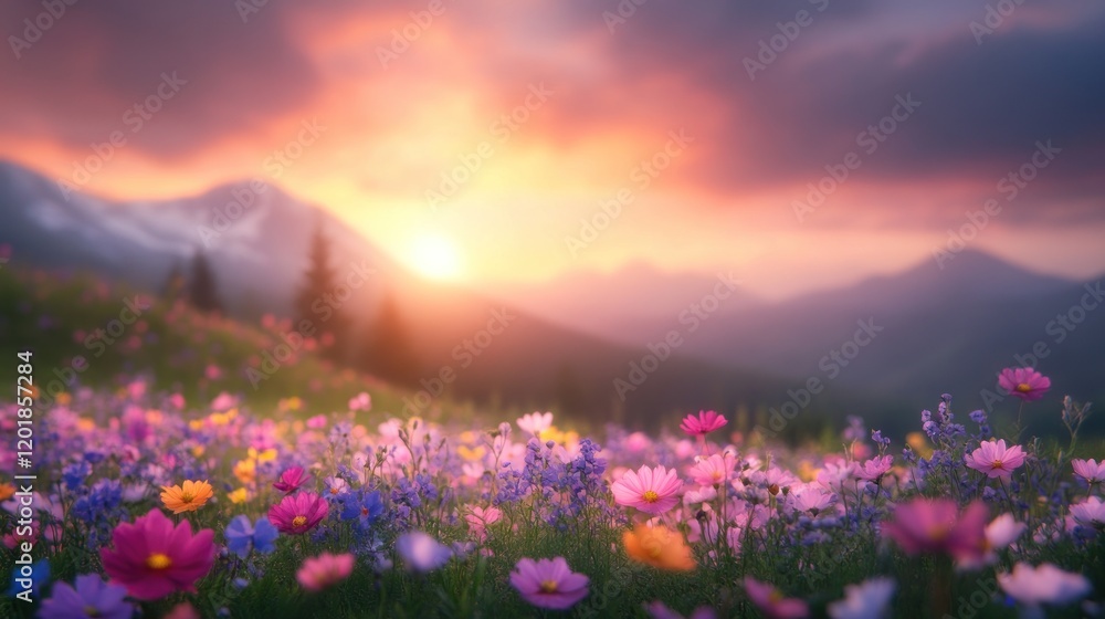 Fototapeta premium Sunset blossoms in a mountain landscape nature flowers tranquil environment scenic viewpoint serene concept