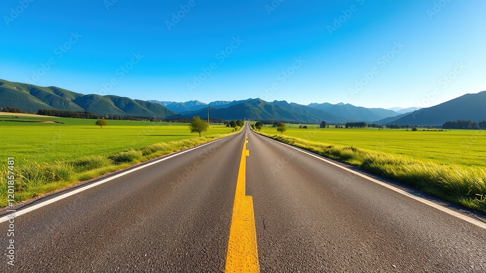Fototapeta premium Empty Asphalt Road Through Lush Green Fields and Mountains, Scenic Blue Sky