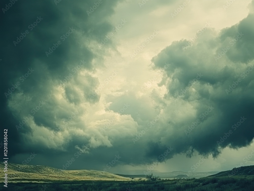 Dramatic storm clouds roll over a vast landscape with rolling hills and vegetation Dramatic storm clouds roll over a vast landscape with rolling hills and vegetation