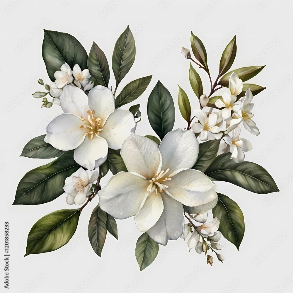Obraz premium Big set with flowers, twigs and leaves of gardenias. Watercolor illustration. This set is well suited for your various projects: creating cards, invitations, wedding design, etc.