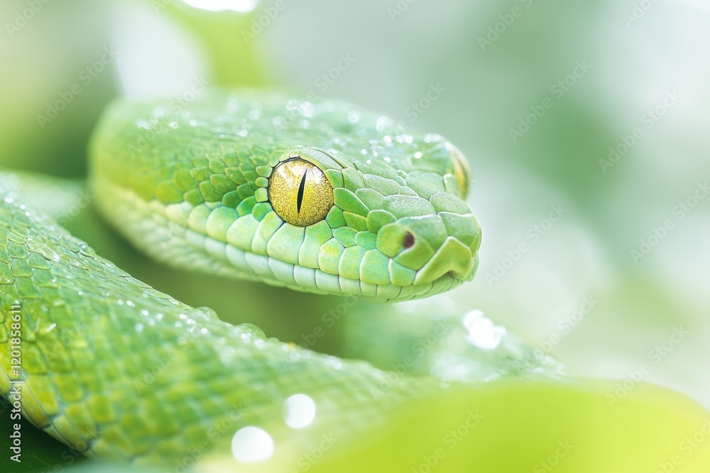 Obraz premium Emerald Green Snake in Natural Habitat with Focused Yellow Eyes and Dew Drops