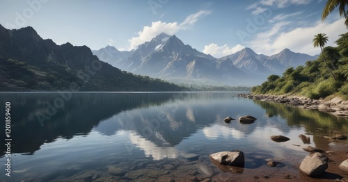 Calm waters of Laguna de Horcones with the Aconcagua peak in the distance, mountains, peaceful scene, sky photo