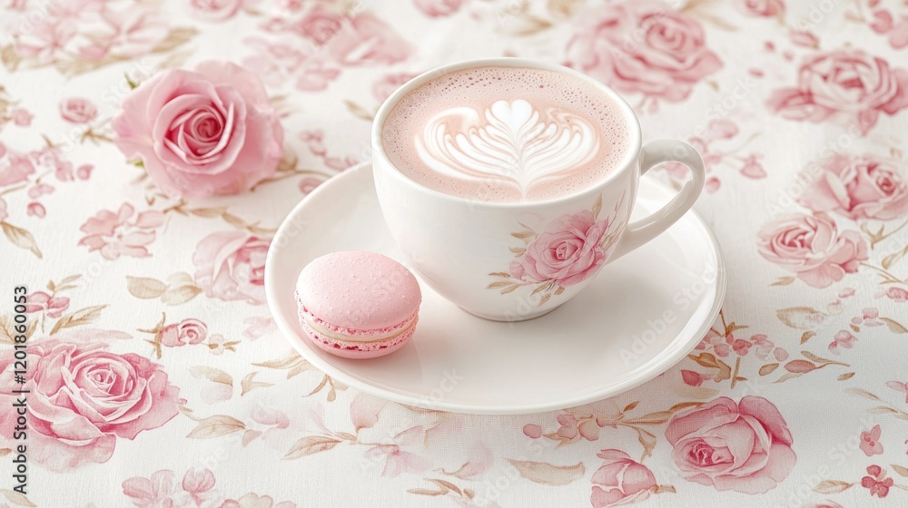 Pink rose latte art coffee cup, macaron, and rose on floral tablecloth. Pink rose latte art coffee cup, macaron, and rose on floral tablecloth.