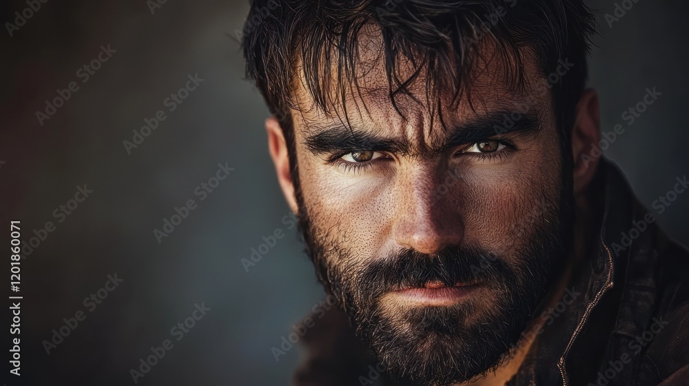 Fototapeta premium Intense close-up portrait of a man with a beard and dark eyes.