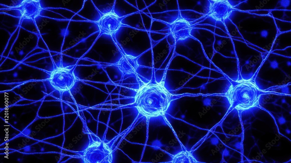 Fototapeta premium Intricate Neural Network: Glowing Blue Neurons and Synaptic Connections in Microscopic View