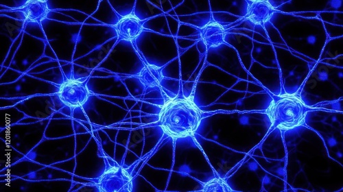 Intricate Neural Network: Glowing Blue Neurons and Synaptic Connections in Microscopic View
