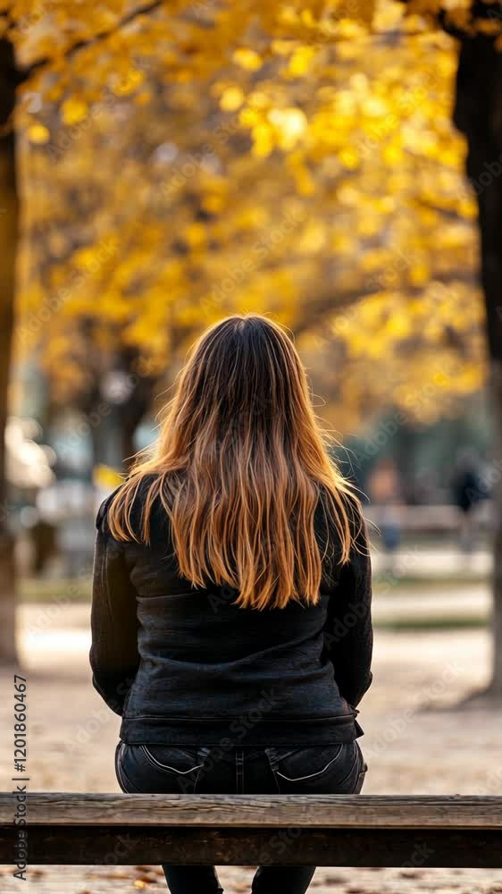 Woman enjoys autumn scenery in a park surrounded by vibrant yellow leaves Woman enjoys autumn scenery in a park surrounded by vibrant yellow leaves