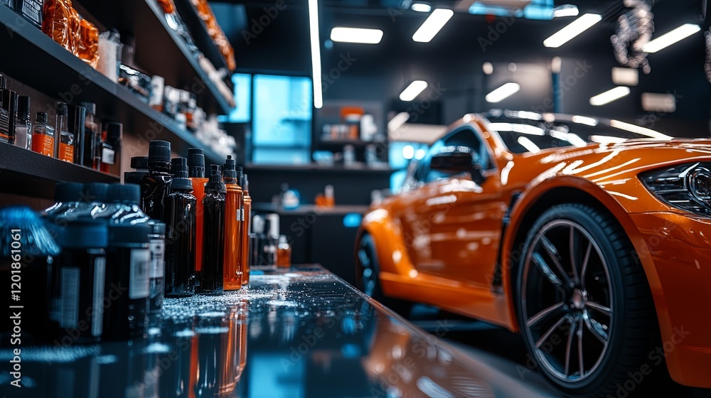 A car detailing station with polishing tools and wax products neatly arranged A car detailing station with polishing tools and wax products neatly arranged