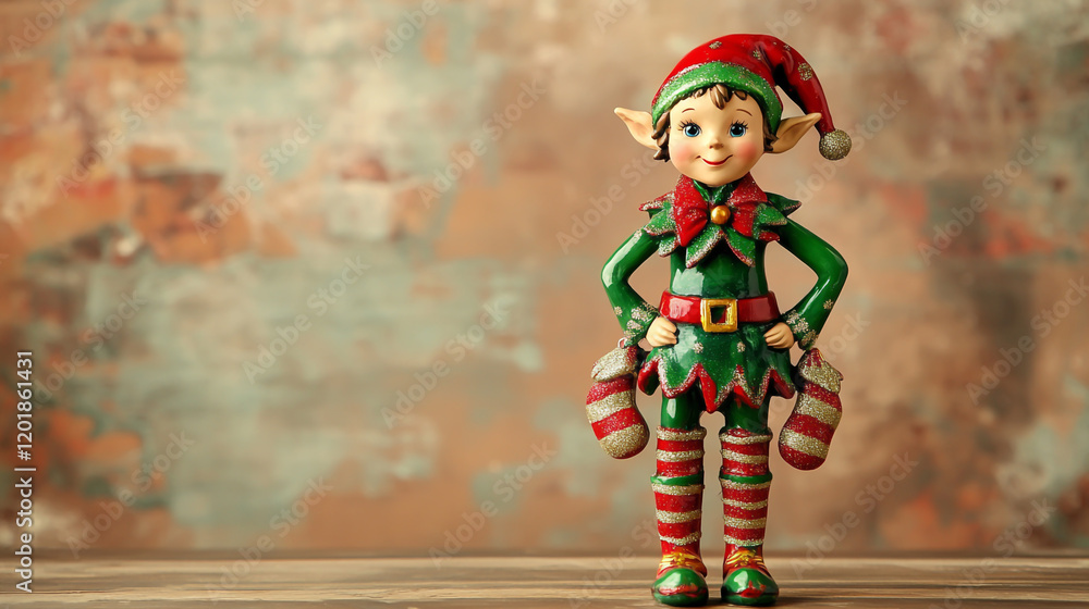 Charming Christmas elf figurine dressed in a festive green and red outfit with playful striped stockings Charming Christmas elf figurine dressed in a festive green and red outfit with playful striped stockings
