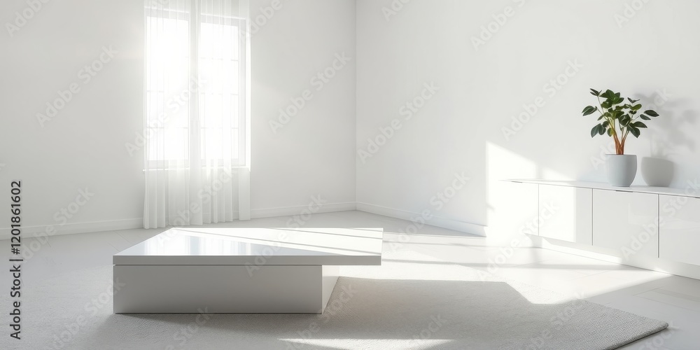Fototapeta premium A minimal interior design featuring a white coffee table and a white cabinet, with a single potted plant and a large window letting in natural light