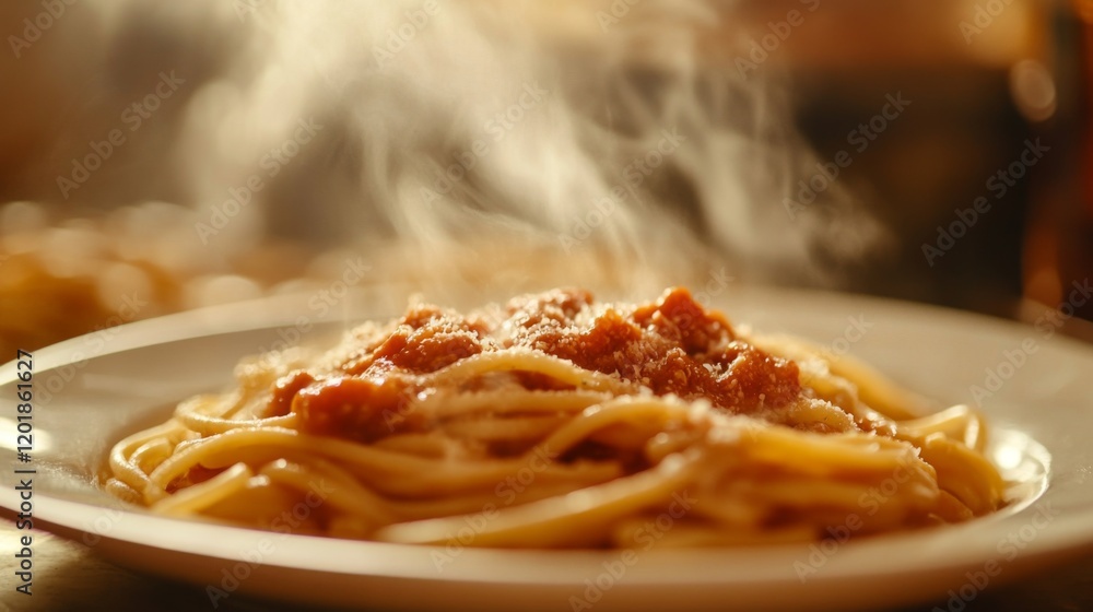 Fototapeta premium A detailed shot of a plate of freshly cooked pasta with sauce, steam gently wafting up from the dish, highlighting the warmth and inviting aroma of the meal.