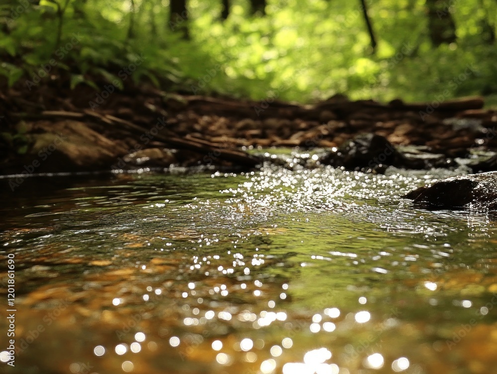 Fototapeta premium Shallow creek flows peacefully through a serene forest with dappled sunlight on the surface