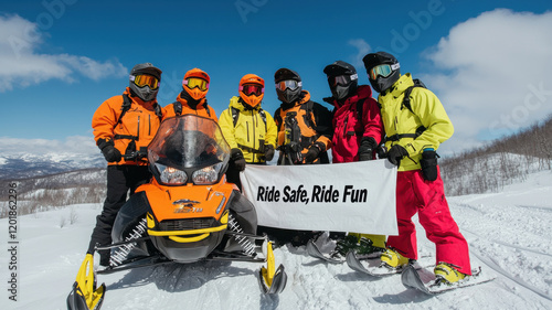 International Snowmobile Ride Day Concept, Cheerful snowmobilers posing with banner in snowy landscape photo