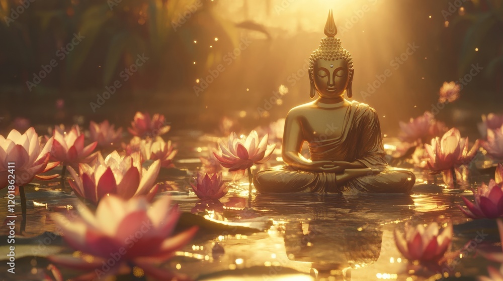 A serene image of a golden Buddha statue surrounded by blooming lotus flowers, with soft sunlight streaming through A serene image of a golden Buddha statue surrounded by blooming lotus flowers, with soft sunlight streaming through