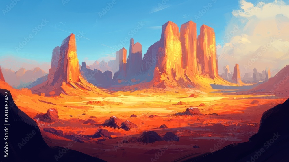 Naklejka premium Golden desert landscape with majestic sandstone formations under a vibrant sky.
