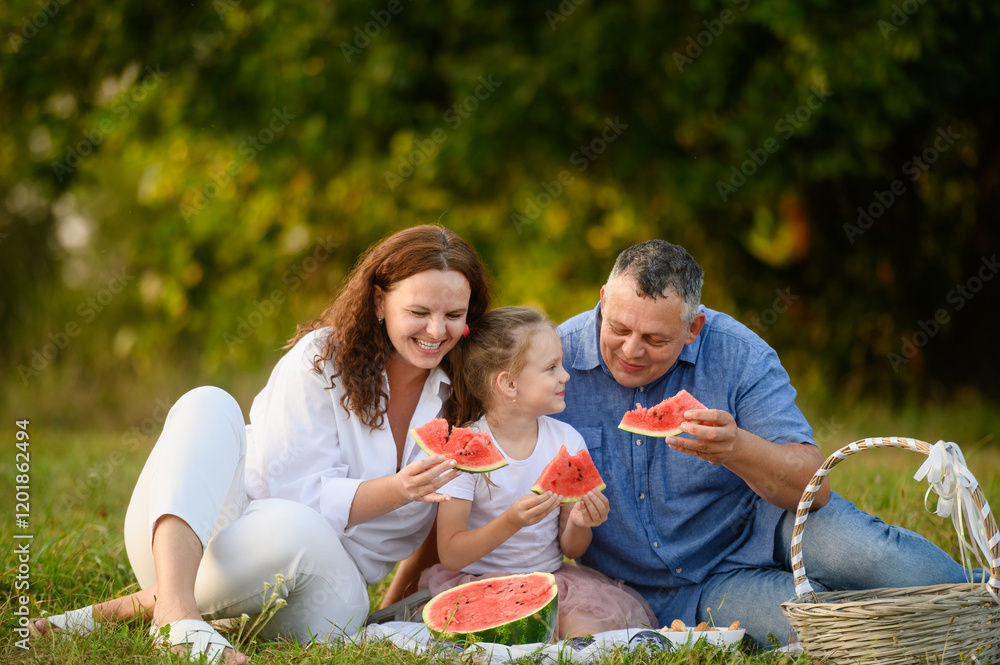 Parents and girl enjoying picnic in sunny park, enjoying refreshing watermelon slices, chatting and laughing. Summer snack in park. Happy family having summer picnic on weekend outdoors Parents and girl enjoying picnic in sunny park, enjoying refreshing watermelon slices, chatting and laughing. Summer snack in park. Happy family having summer picnic on weekend outdoors