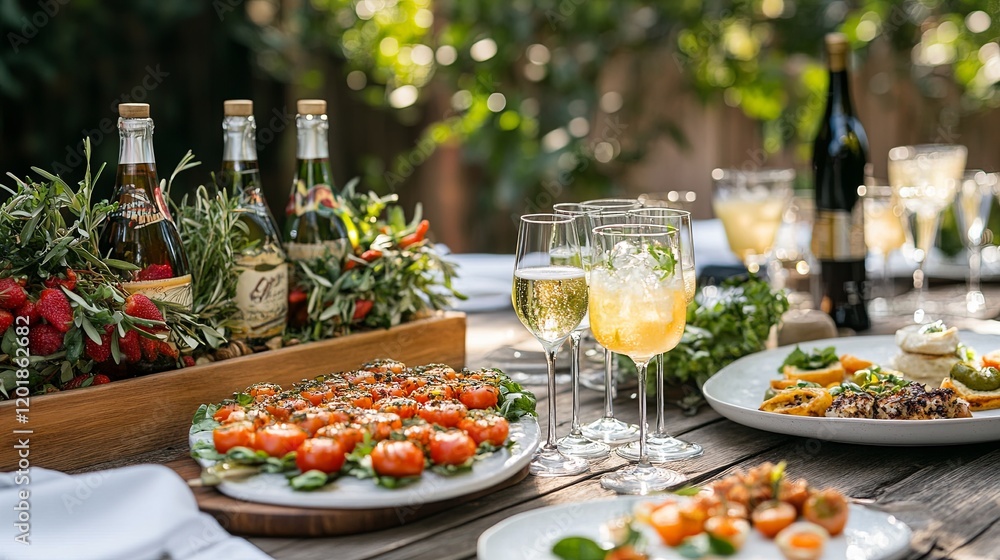 A catering display with fresh appetizers drinks and beautifully plated meals
