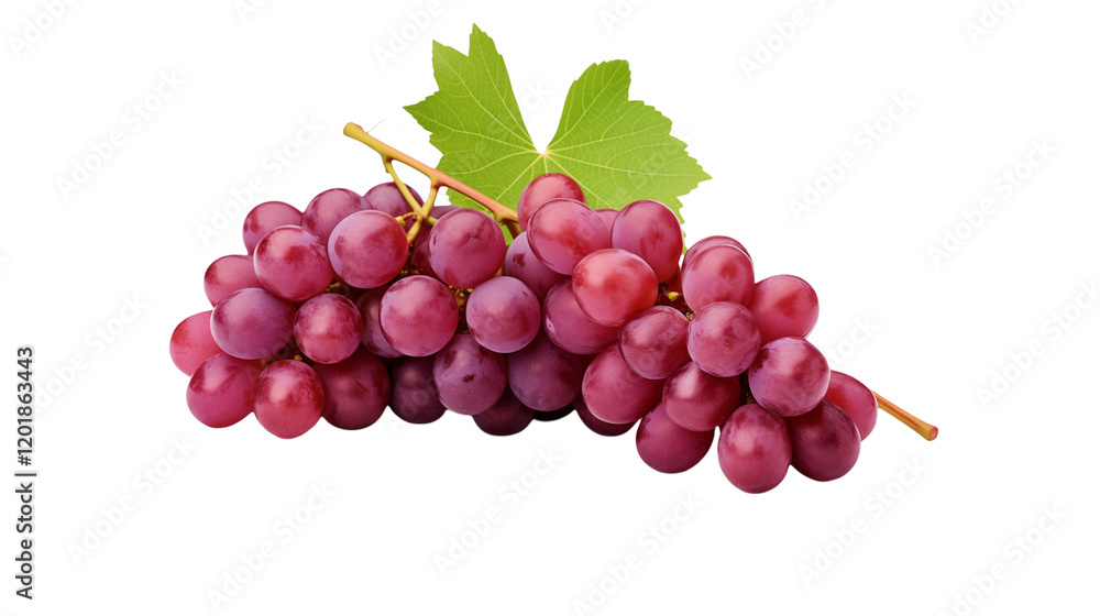 Close up of a bunch of red grapes with green leaves Close up of a bunch of red grapes with green leaves