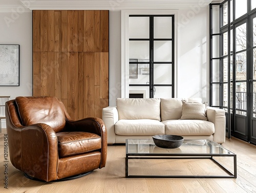 Minimalist, a modern Scandinavian interior design in the living room with wood finishing parts of the wall and armchairs and sofas. Generative AI
