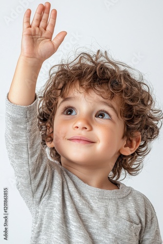 Adorable toddler waving hand with curiosity, looking up against a white background Generated AI