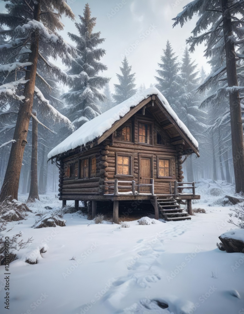 Abandoned wooden cabin in a frozen forest with snow-covered trees , trees, winter, woodland Abandoned wooden cabin in a frozen forest with snow-covered trees , trees, winter, woodland