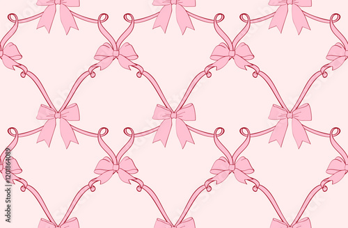 Seamless checkered pattern with ribbon bows. Cute coquette style wallpaper, vintage elegant hand drawn background in pastel colors. Decoration for wedding, Valentine's day, print, gifts, packaging.