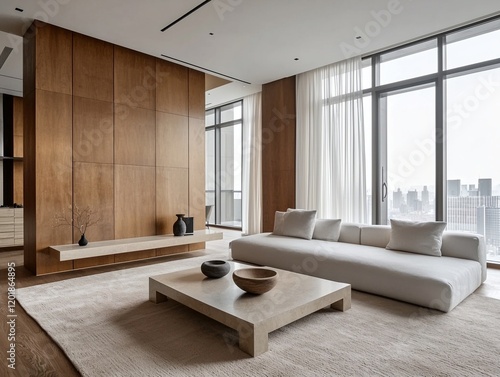 A mid century modern interior design with a spacious living room with a sofa and table. Generative AI
