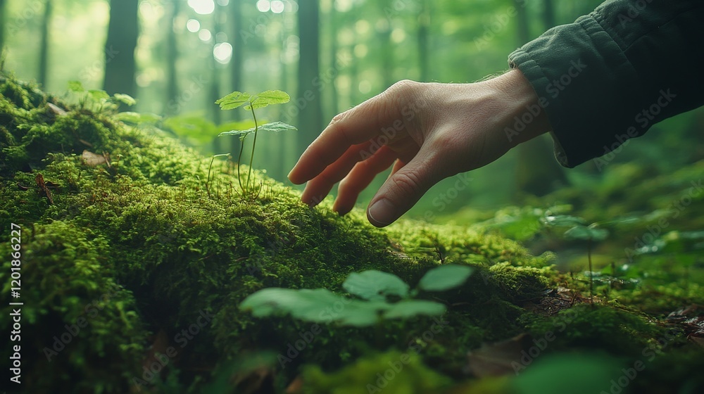 Fototapeta premium A serene close-up of a hand touching moss on a tree, symbolizing connection with nature and ecological preservation. Ideal for environment and Earth Day campaigns.