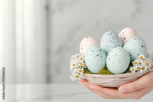 Celebración de Pascua con cesta de mimbre llena de huevos decorados y flores blancas photo