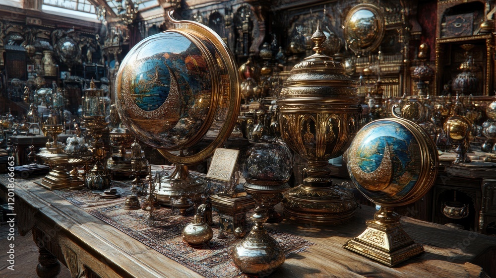 Antique globes and ornate vessels displayed in a shop; rich interior background Antique globes and ornate vessels displayed in a shop; rich interior background