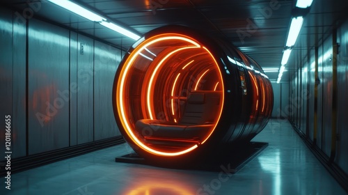 A futuristic seating pod with vivid orange illumination in a sleek hallway, provides a sense of modern design and technological advancement in a serene setting. photo