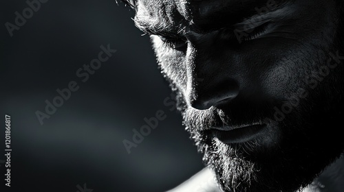 Close-up monochrome portrait of a brooding man with a beard, looking down. photo