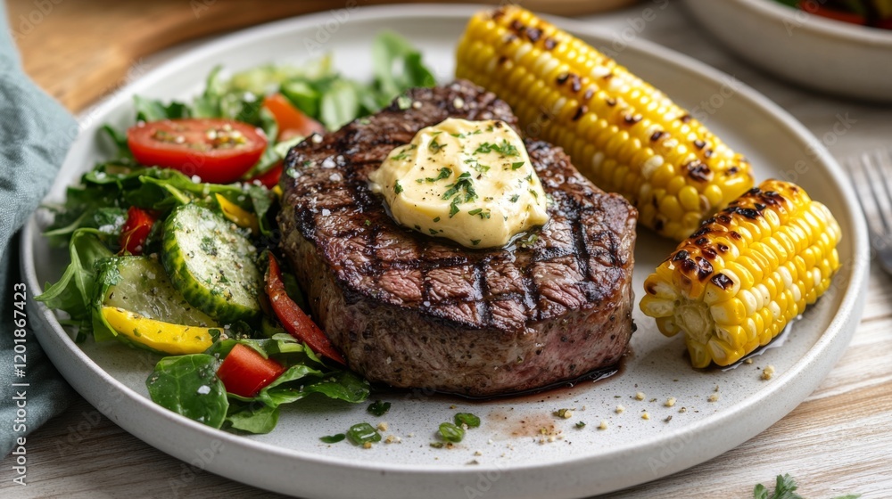 A juicy sirloin steak on a white plate, topped with a dollop of garlic butter and accompanied by a vibrant salad and grilled corn. A juicy sirloin steak on a white plate, topped with a dollop of garlic butter and accompanied by a vibrant salad and grilled corn.