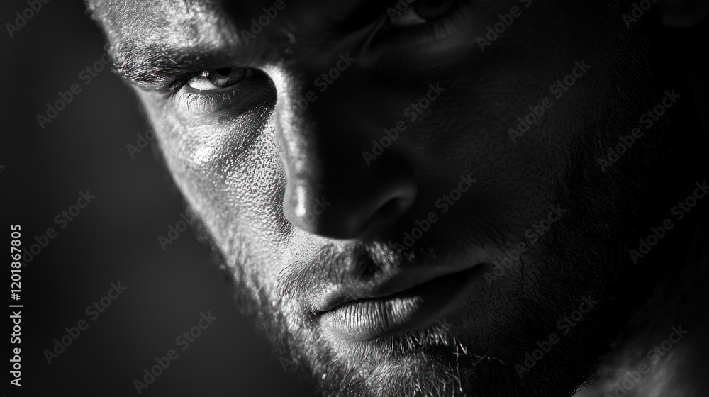 Intense close-up portrait of a man's face, black and white. Intense close-up portrait of a man's face, black and white.