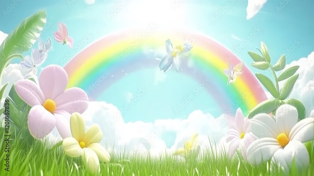 Vibrant spring landscape with blooming flowers and majestic rainbow arch Vibrant spring landscape with blooming flowers and majestic rainbow arch