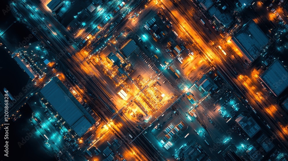 Nighttime aerial view of a brightly lit freight terminal, highlighting the scale of global cargo operations Nighttime aerial view of a brightly lit freight terminal, highlighting the scale of global cargo operations
