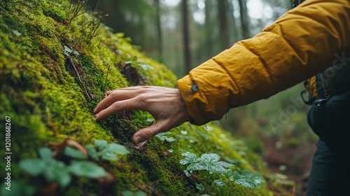 A serene close-up of a hand touching moss on a tree, symbolizing connection with nature and ecological preservation. Ideal for environment and Earth Day campaigns.