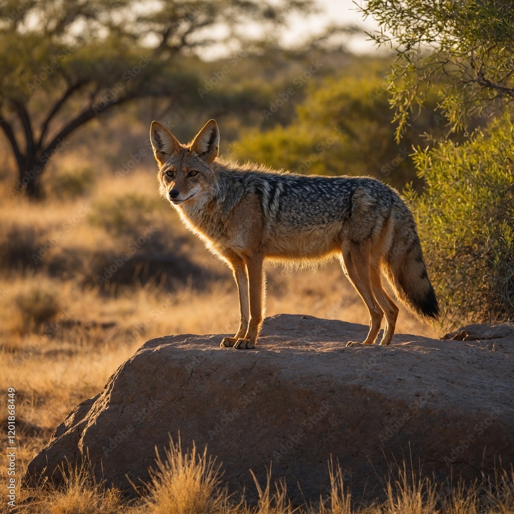 A jackal resting on a sunlit rock in a serene savanna, with acacia trees dotting the background. A jackal resting on a sunlit rock in a serene savanna, with acacia trees dotting the background.